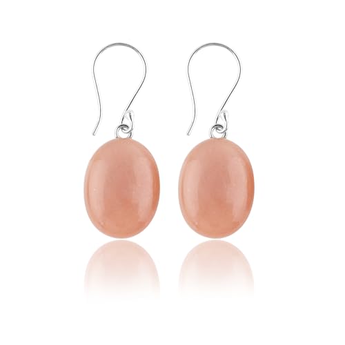 DEVMUKTI 925 Sterling Silver Earrings, Natural Peach Moonstone Gemstone, Hypoallergenic Lightweight Jewelry for Women, Handmade Crystals Earring, Polished Stone, Gift for her (Apx.18x12mm)