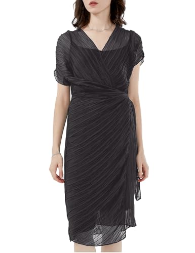 S・DEER Women's Summer Double V Neck Dress, Flutter Sleeve Ruffle Chiffon Formal Party Wedding Guest Midi Dresses(Grey02,S)
