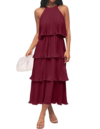 ZESICA Women's 2025 Summer Sleeveless Halter Neck Ruffle Tiered Layed Chiffon Flowy Swing Long Midi Dress,Wine,Small