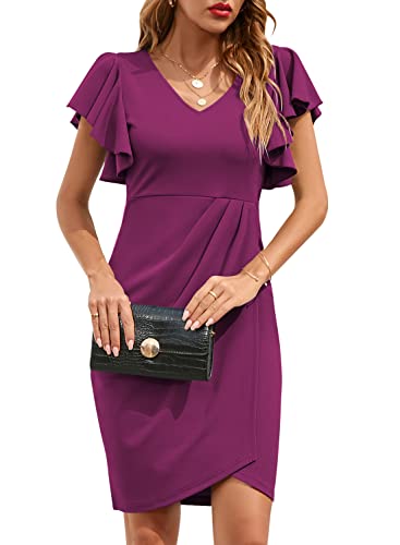 IHOT Semi Formal Dresses for Women Club Party Mock Wrap Sheath Ruffle Sleeves V Neck Stretchy Work Cocktail Wedding Party Special Occasion Midi Dress Purple XL