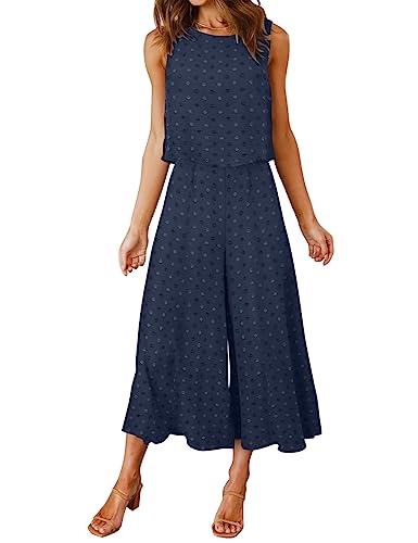 ROYLAMP Women's Summer 2 Piece Outfits Round Neck Crop Basic Top Cropped Wide Leg Pants Set Beach Jumpsuits Navy Blue Swiss Dot M