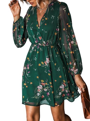 CUPSHE Women's Mini Dress Floral Print V Neck Long Peasant Sleeves Chiffon A-Line Flowy Short Dress Green, S