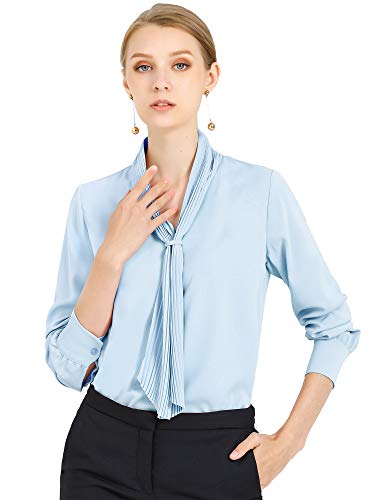 Allegra K Womens Dressy Long Sleeve Blouses Chiffon Pleated Tie Neck Office Top Shirt X-Small Light Blue