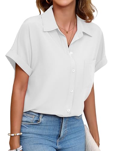 Poplab Button Down Shirts for Women Short Sleeve Business Casual Tops Work Blouses White S