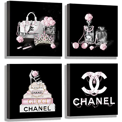 Meetdeceny Black And White Wall Art/Pink Book Pictures Room Decor for Teen Girls/Women Handbag Perfume Wall Decor for Living Room/Fashion Canvas Artwork Size 10'x 10'x 4 Pieces