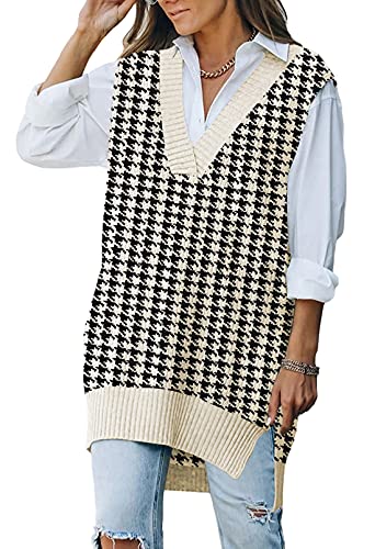 Viottiset Women's Oversized V Neck Houndstooth Knit Sweater Vest Sleeveless Tunic Top Apricot Small