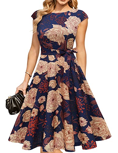 DRESSTELLS Cocktail Floral Formal Wedding Guest Dresses for Women 2026 Spring Easter Summer Garden Tea Party Aline Modest Prom Dress Print Navy Yellow Flower XL