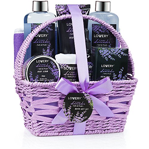 Mothers Day Gifts from Son Spa Gift Basket, Luxury 9pc Bath & Body Set For Women & Men, Lavender & Jasmine Scent - Shower Gel, Bubble Bath, Lotion, Bath Salt, Body Scrub, Massage Oil, Loofah & Basket