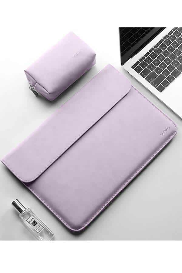 Lavender laptop sleeve with matching cable case.