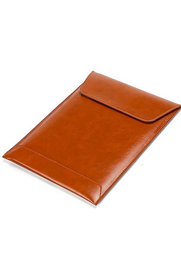 Brown leather, envelope-style laptop sleeve.