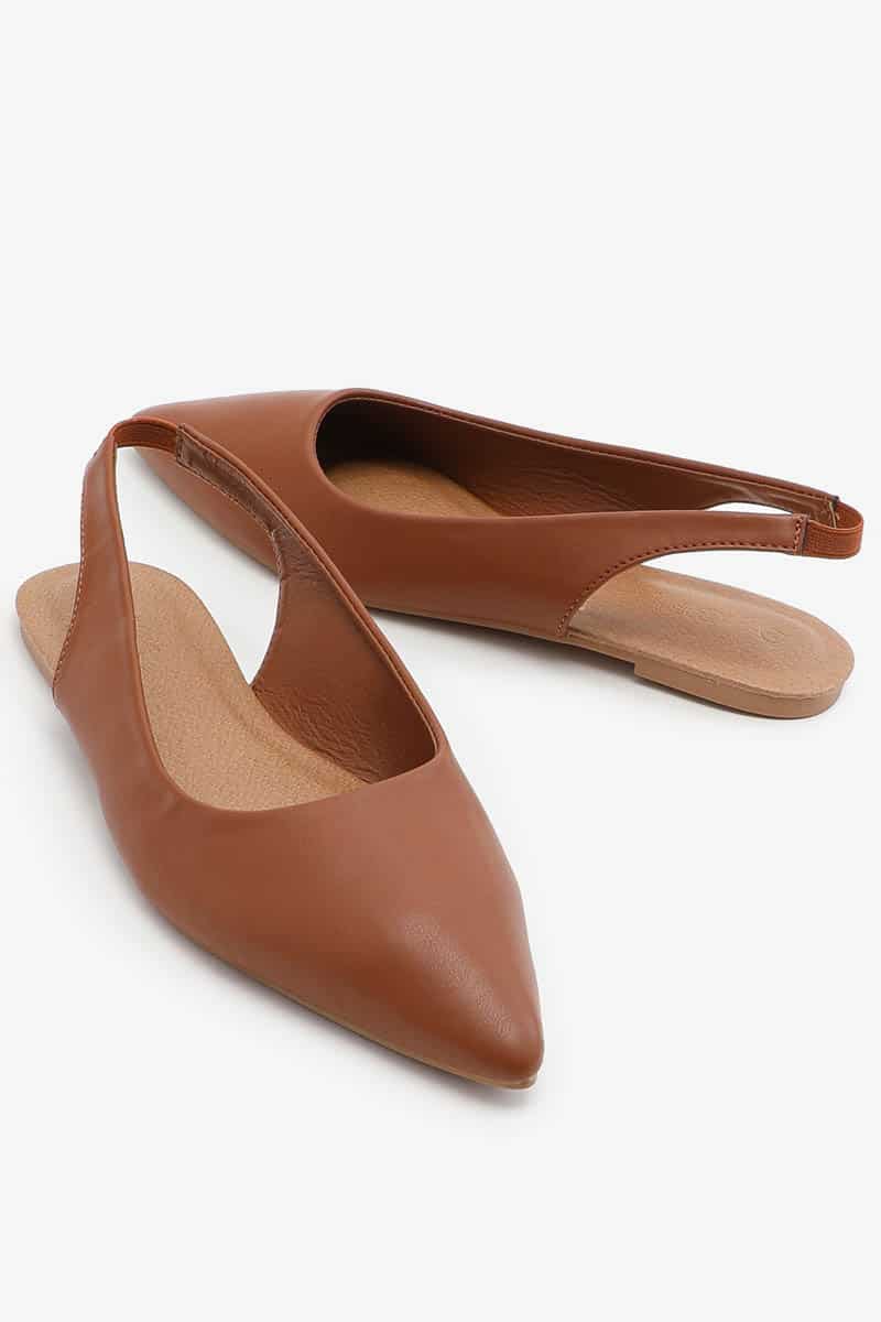 Cognac sling back flats.