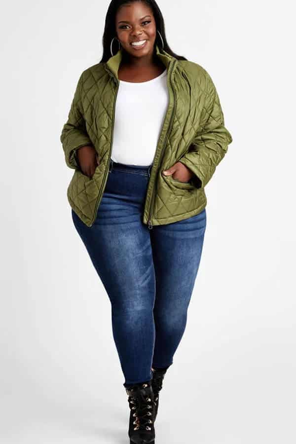 Model wears Ashley Stewart spring jacket.
