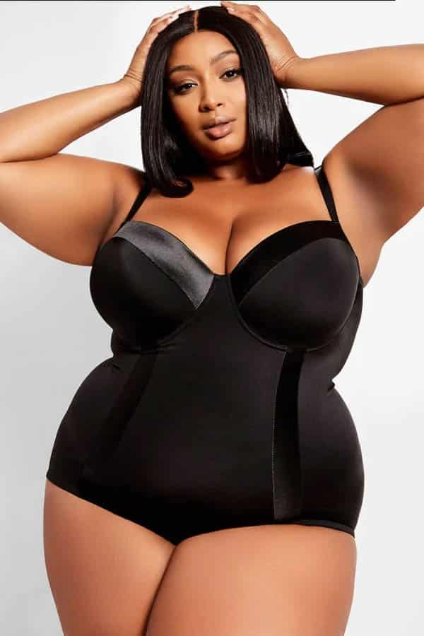 Model wears Ashley Stewart shapewear.