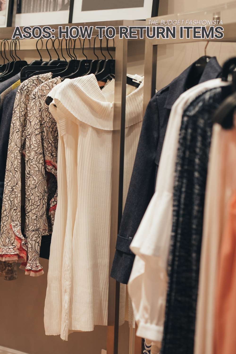 Clothing rack with neutral and patterned pieces with text overlay