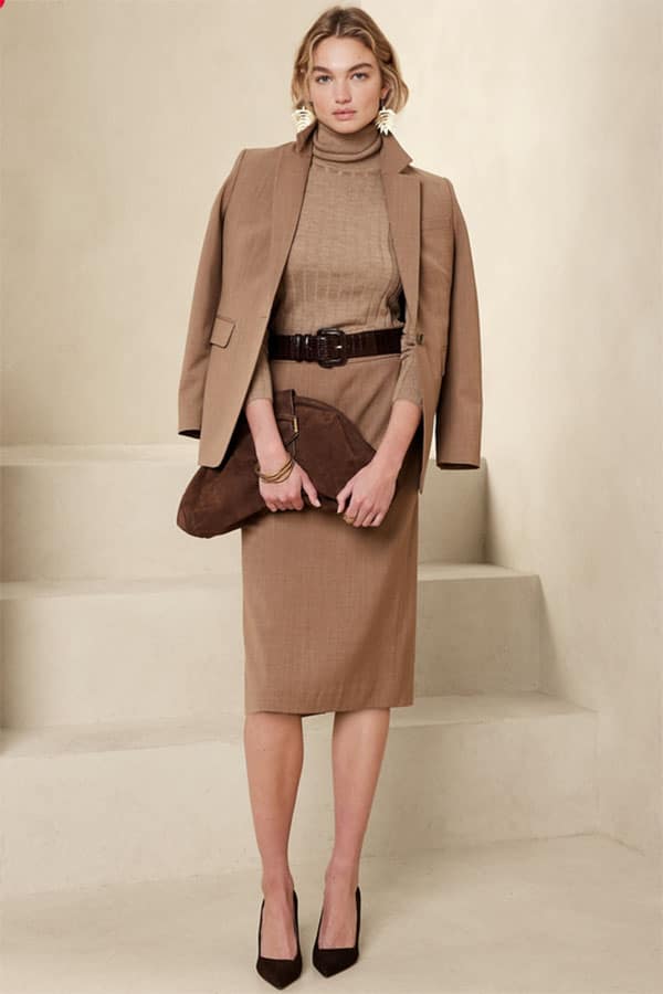 Model wears suit separates from Banana Republic.