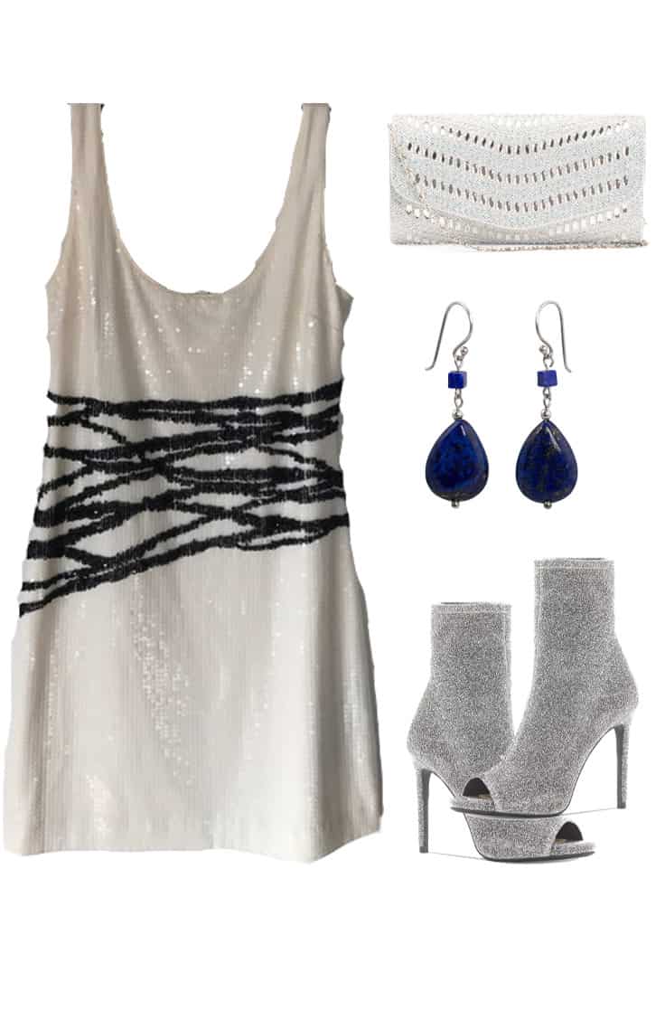 Sequined dress with silver booties, blue gem earrings and white textured clutch bag.