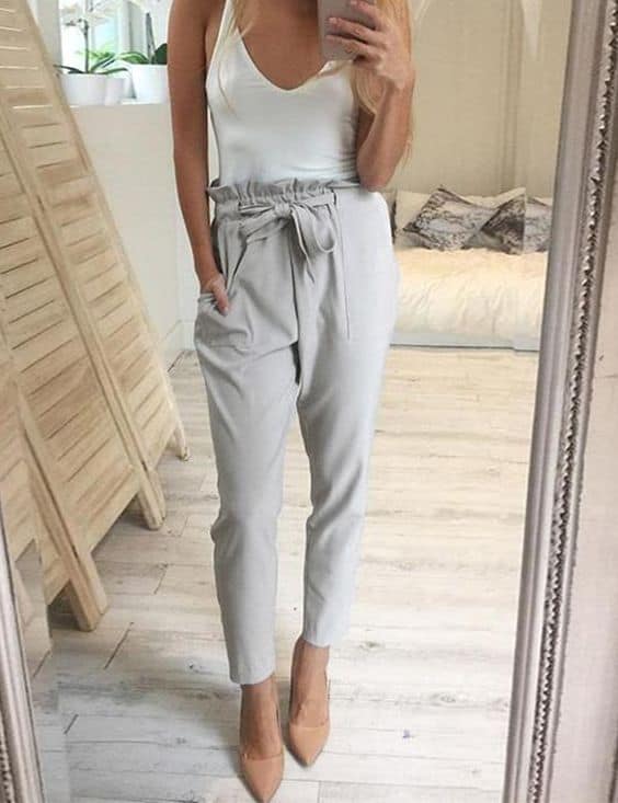 White bodysuit with gray harem pants