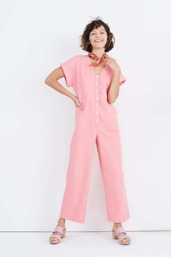 Pink, button-up boiler suit