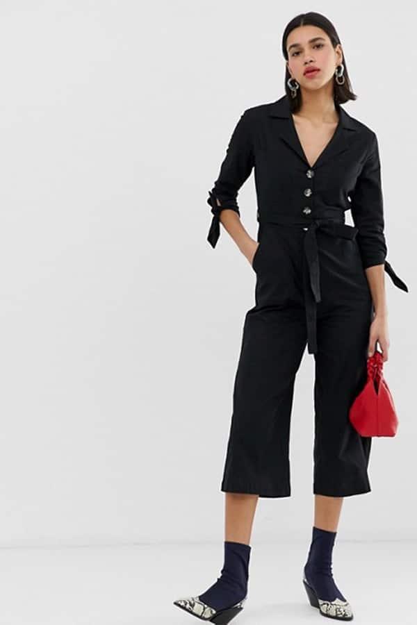 Black boiler suit with belted waist