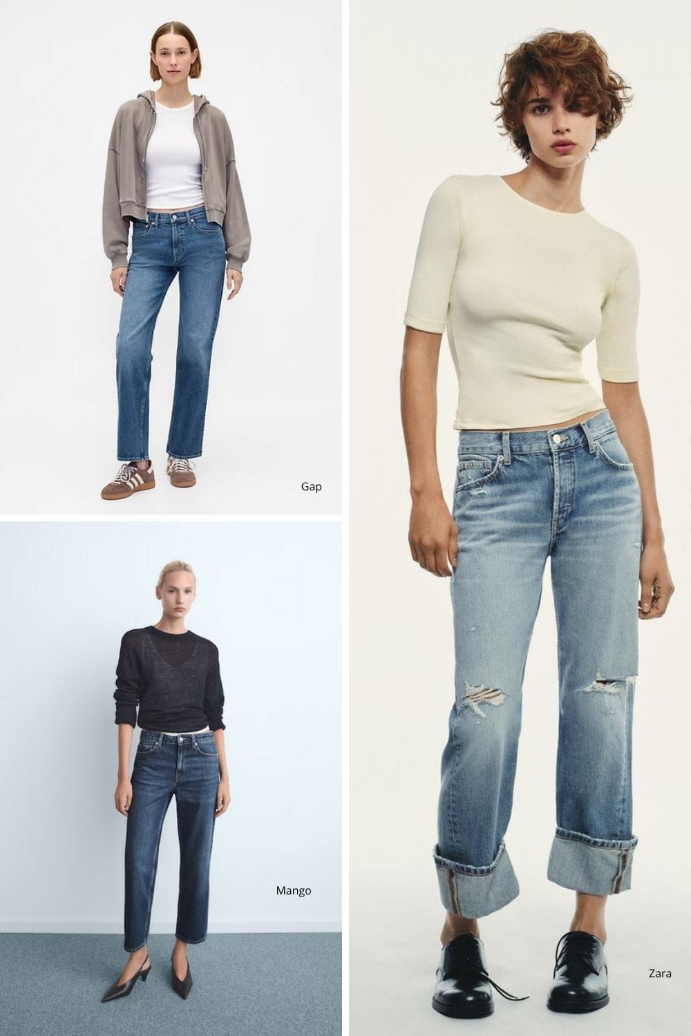 Collage of three trending boyfriend jeans styles 