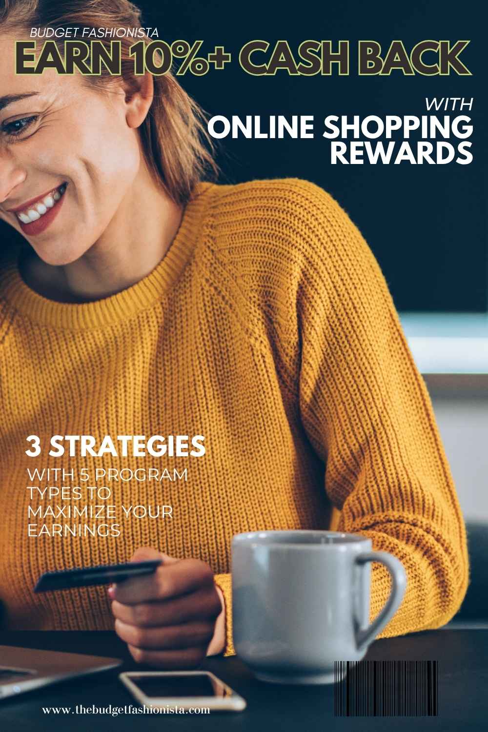 Woman shopping online and smiling while earning cash back rewards. 