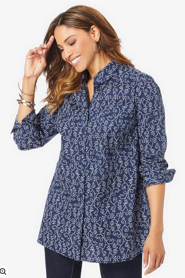 Model wears plus size patterned button-down tunic.