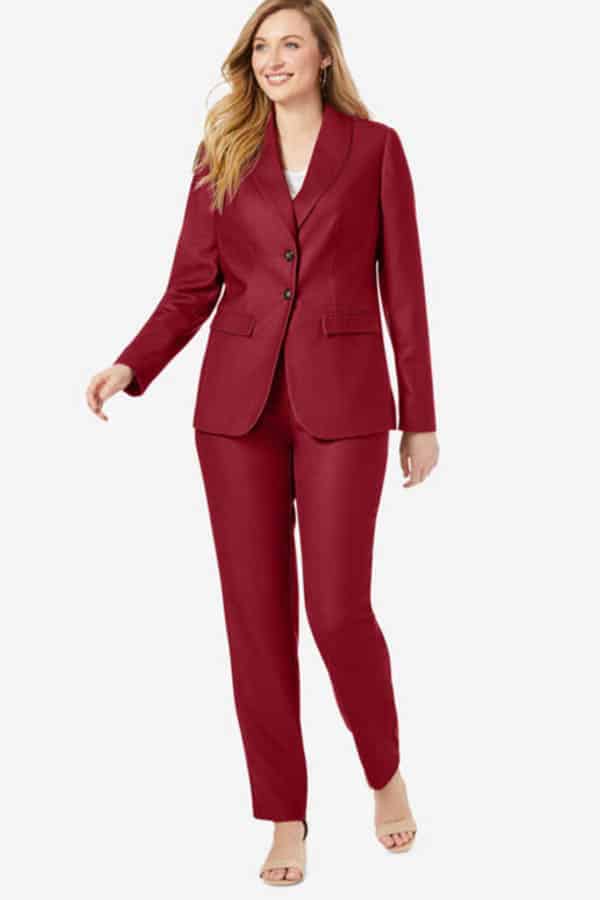 Model wears pantsuit from plus-size clothing store Catherine's.