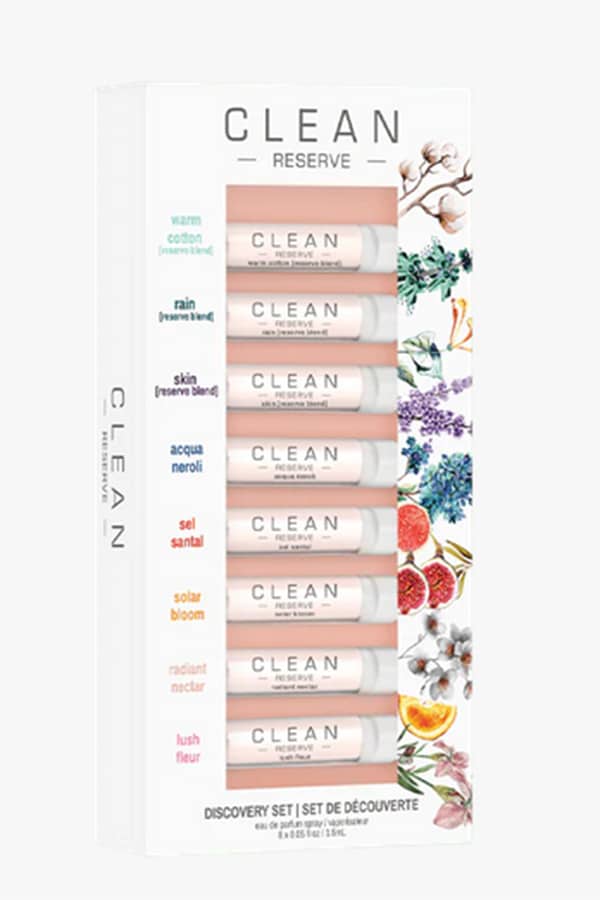 Beauty gift set containing eight fragrances from Clean Beauty Collection. 