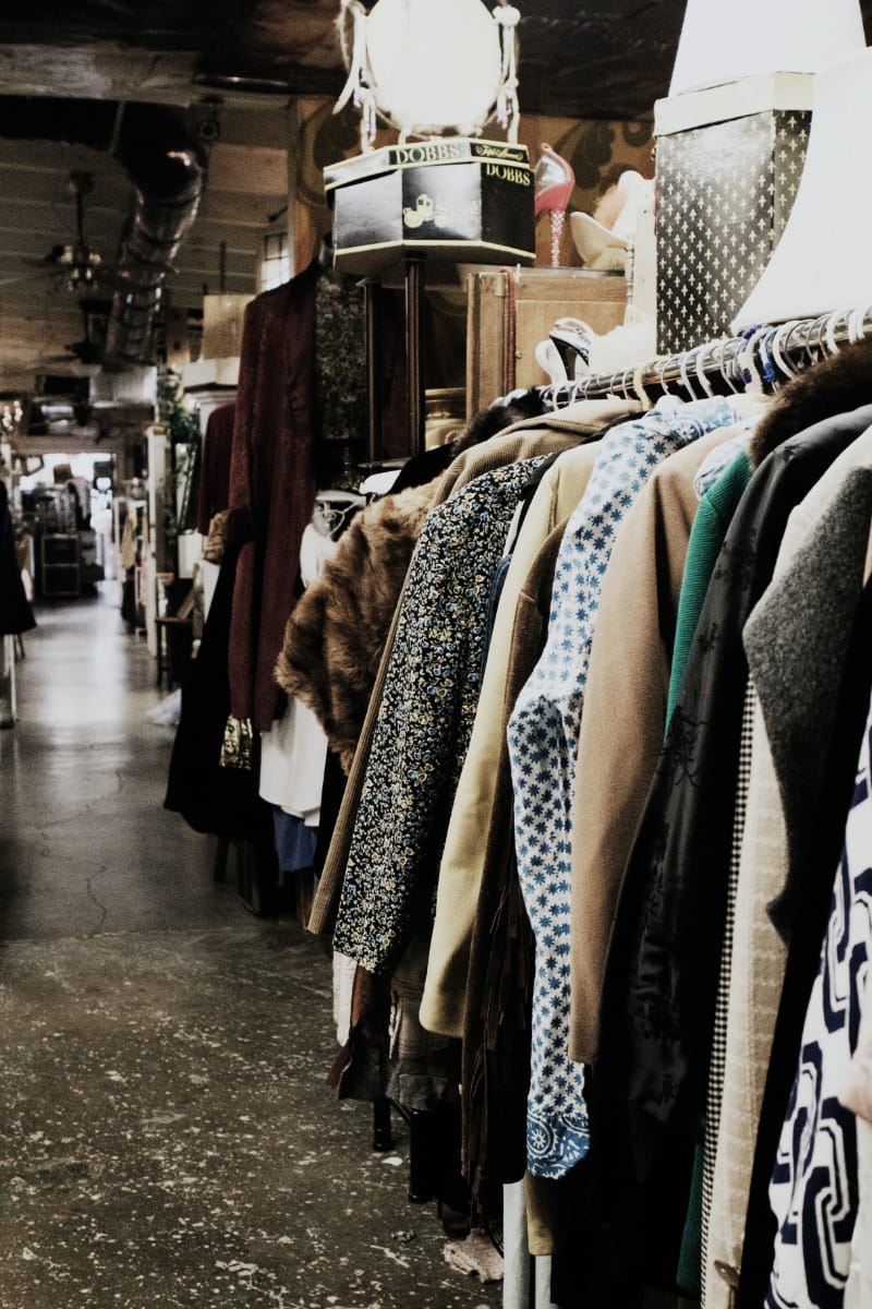 Interior view of thrift store for shopping brand names for less. 