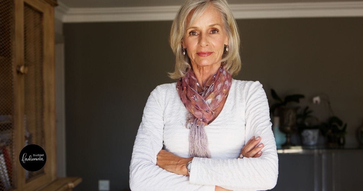 Older woman wearing white tee shirt and scarf. This image is associated with an original post from thebudgetfashionista.com. If you are viewing it elsewhere, the domain has stolen it and is using it without permission.