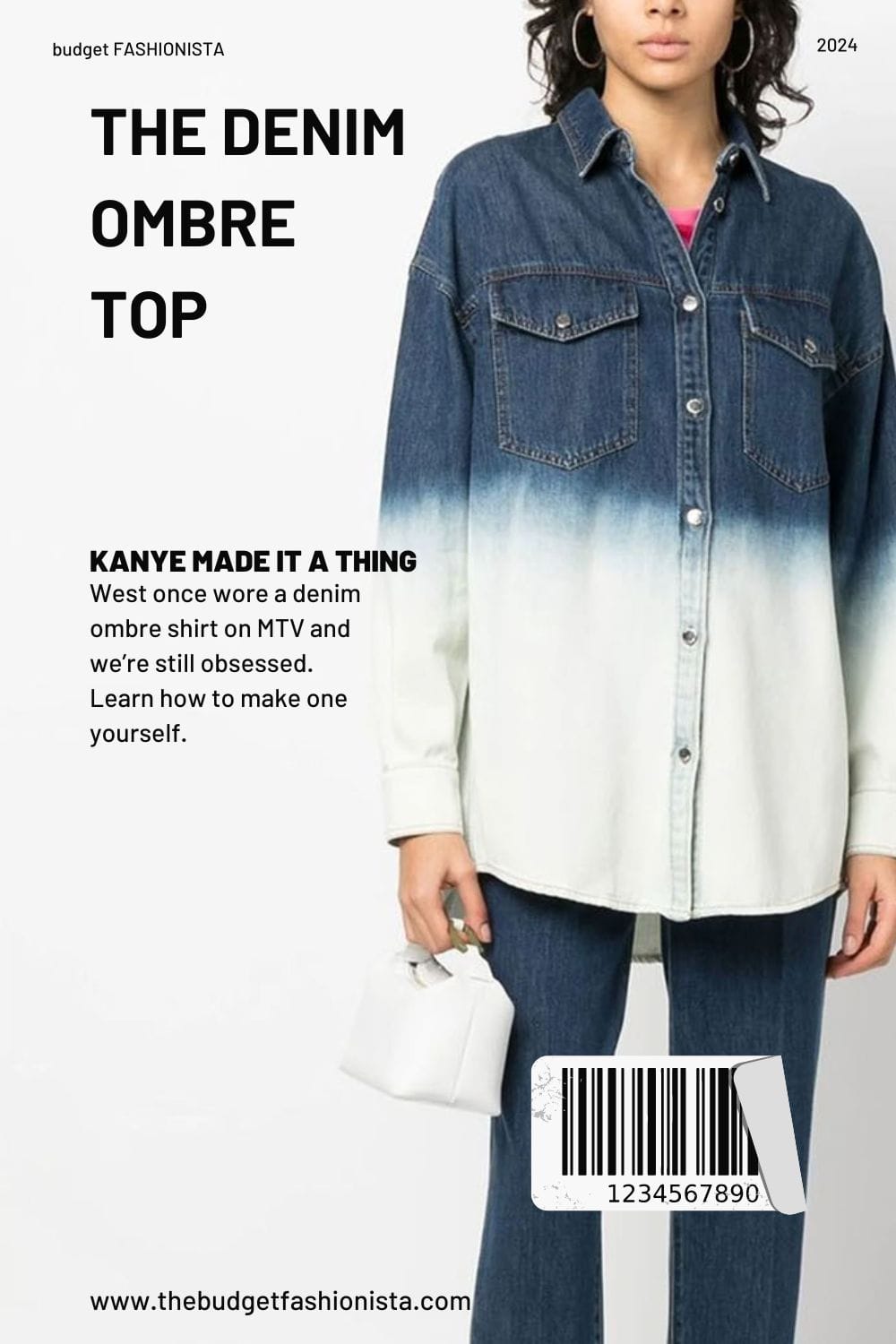 Model wears denim ombre shirt with text overlay.