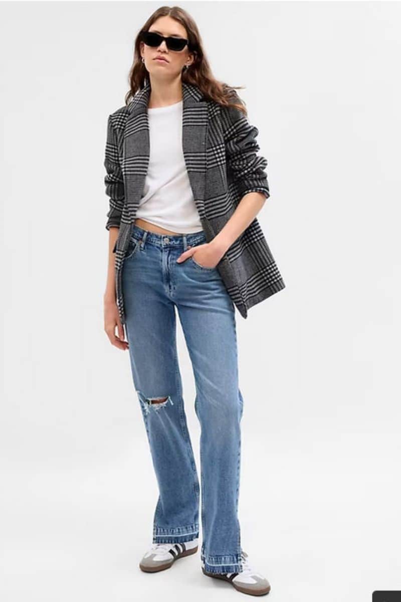 Model wears oversized, checked blazer from Gap. 