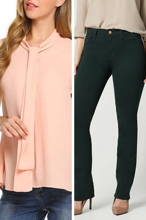 A soft peach blouse paired with dark green pants 