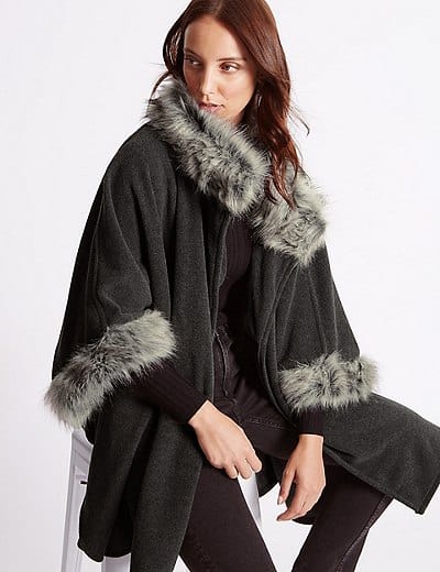 Gray, fur-trimmed wrap