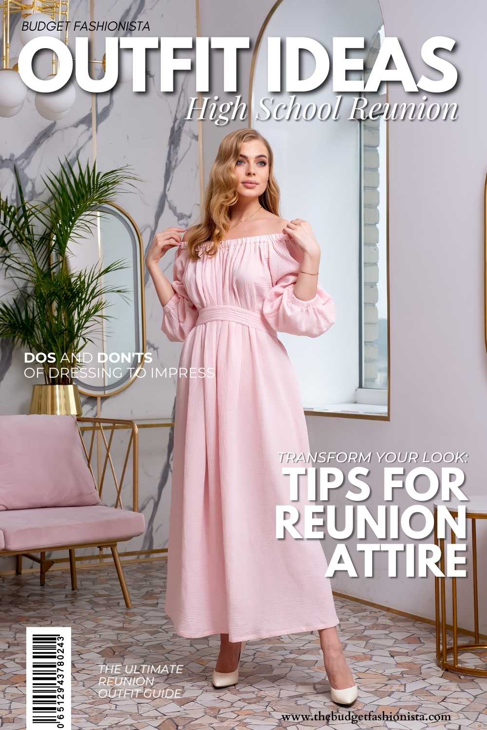 Pink off-shoulder dress with puffed sleeves.