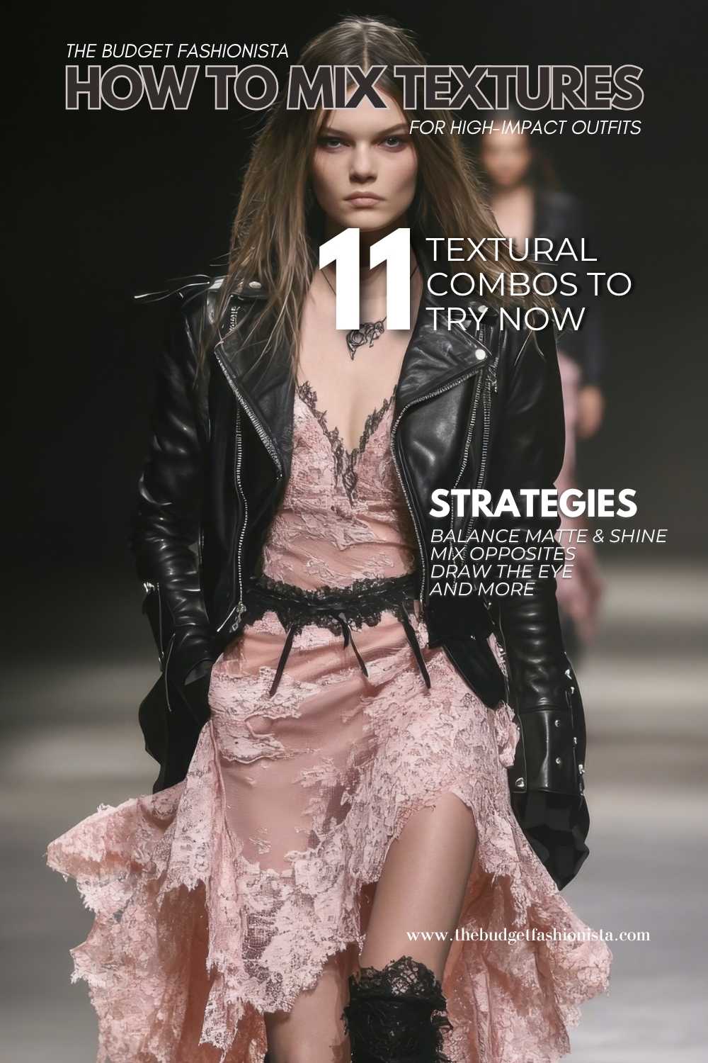 Model wears layered texture outfit with lace and leather 