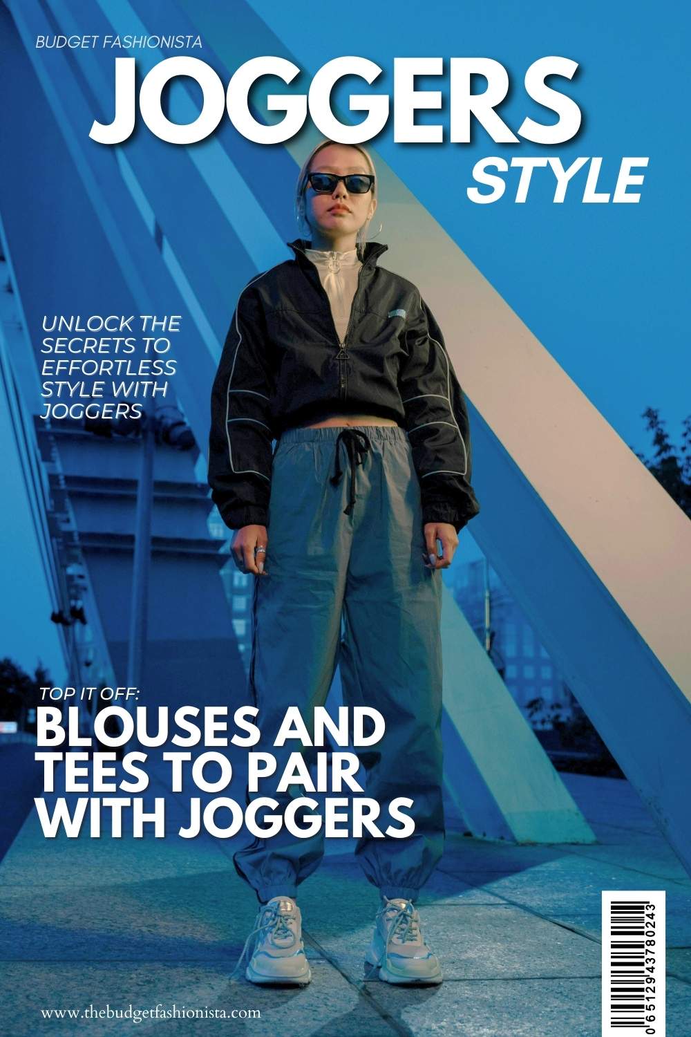 Jogger pants with black cropped jacket with text overlay.