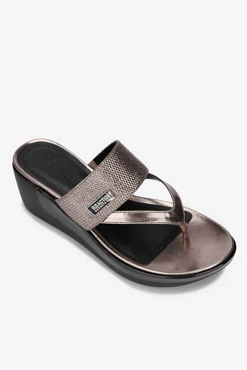 Metallic wedge thong sandals.