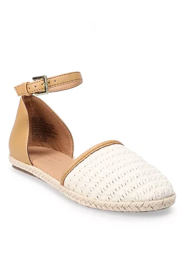 Product shot of a Lauren Conrad designed flat-soled espadrille.