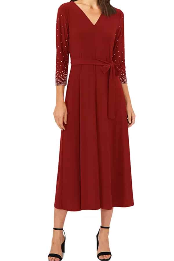 Model wearing beaded formal dress from Macys.