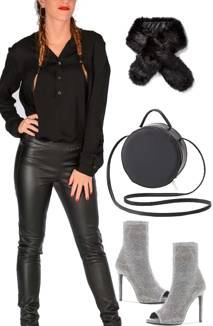 Monochrome black outfit with silver, open-toe booties