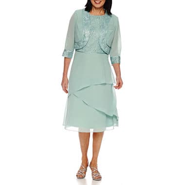 Mother of the Bride Dresses - Pastel, Layered Jacket Dress with 3/4 Sleeves