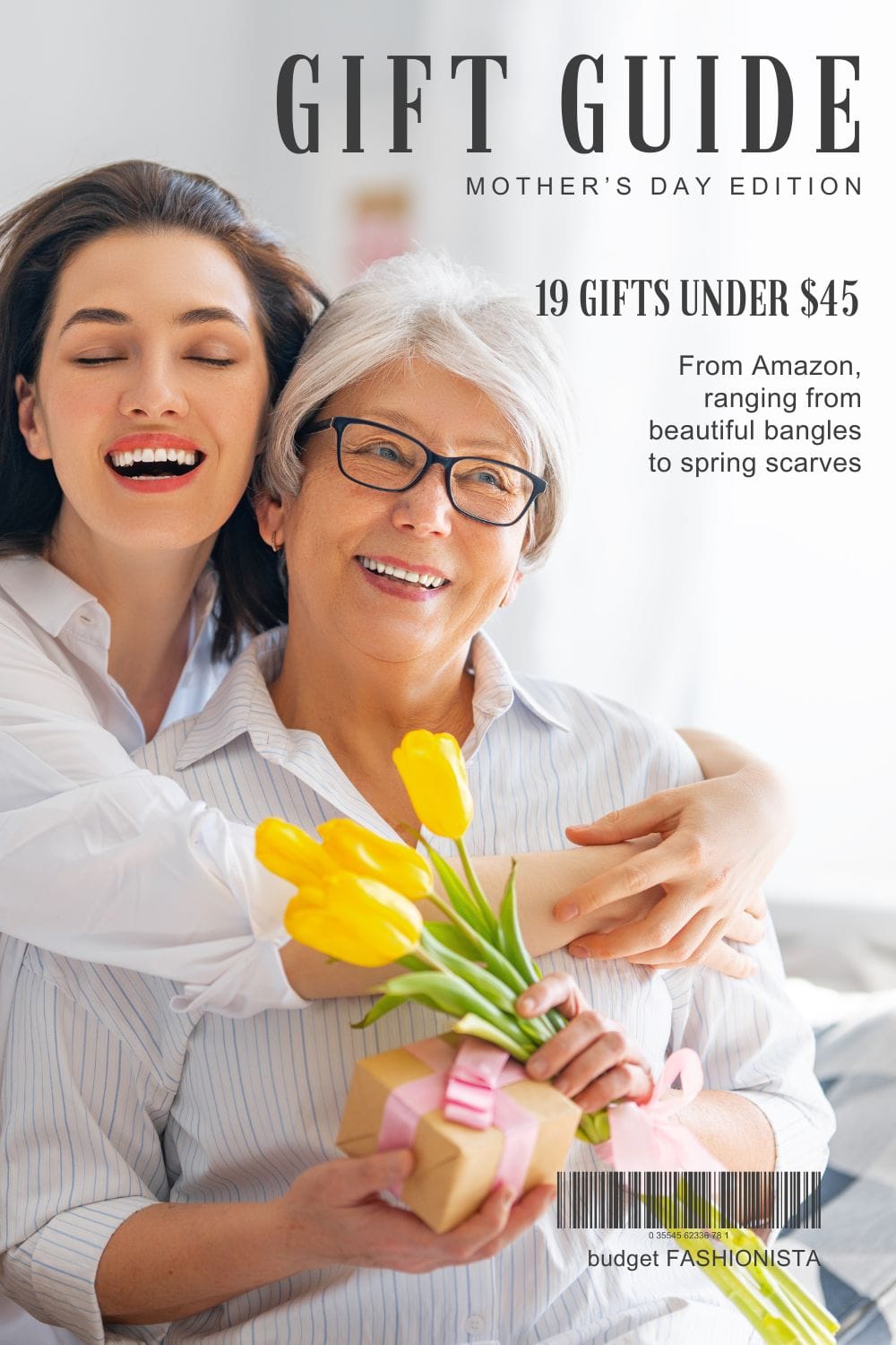 Woman embraces mom with flowers in kitchen. 