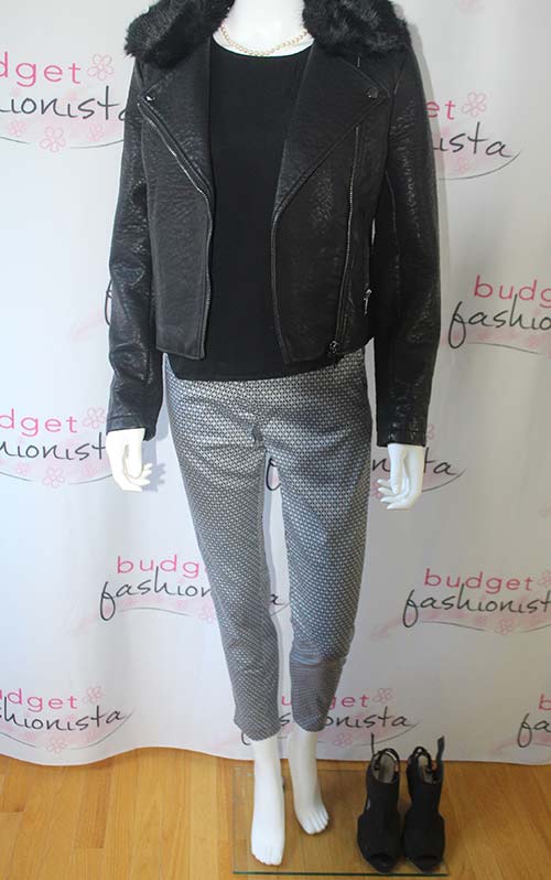 mannequin wearing moto jacket with cropped pants