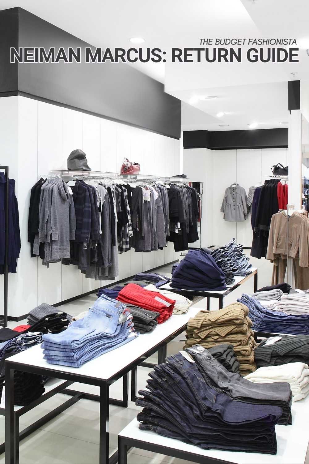 Clothing store with folded jeans and tops on tables with text overlay