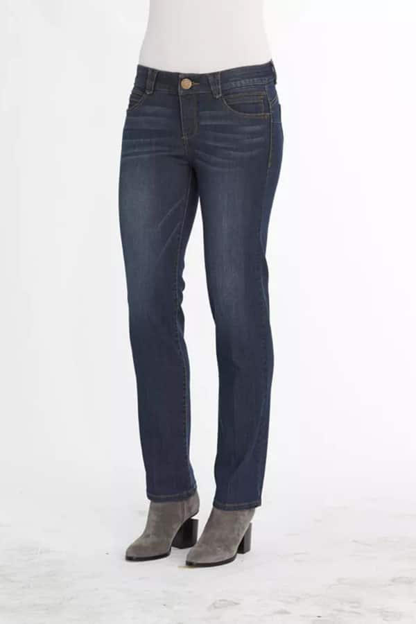 Dark wash jeans with straight leg.