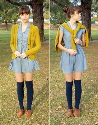 Girl wearing dress, thigh-high socks and Oxford shoes