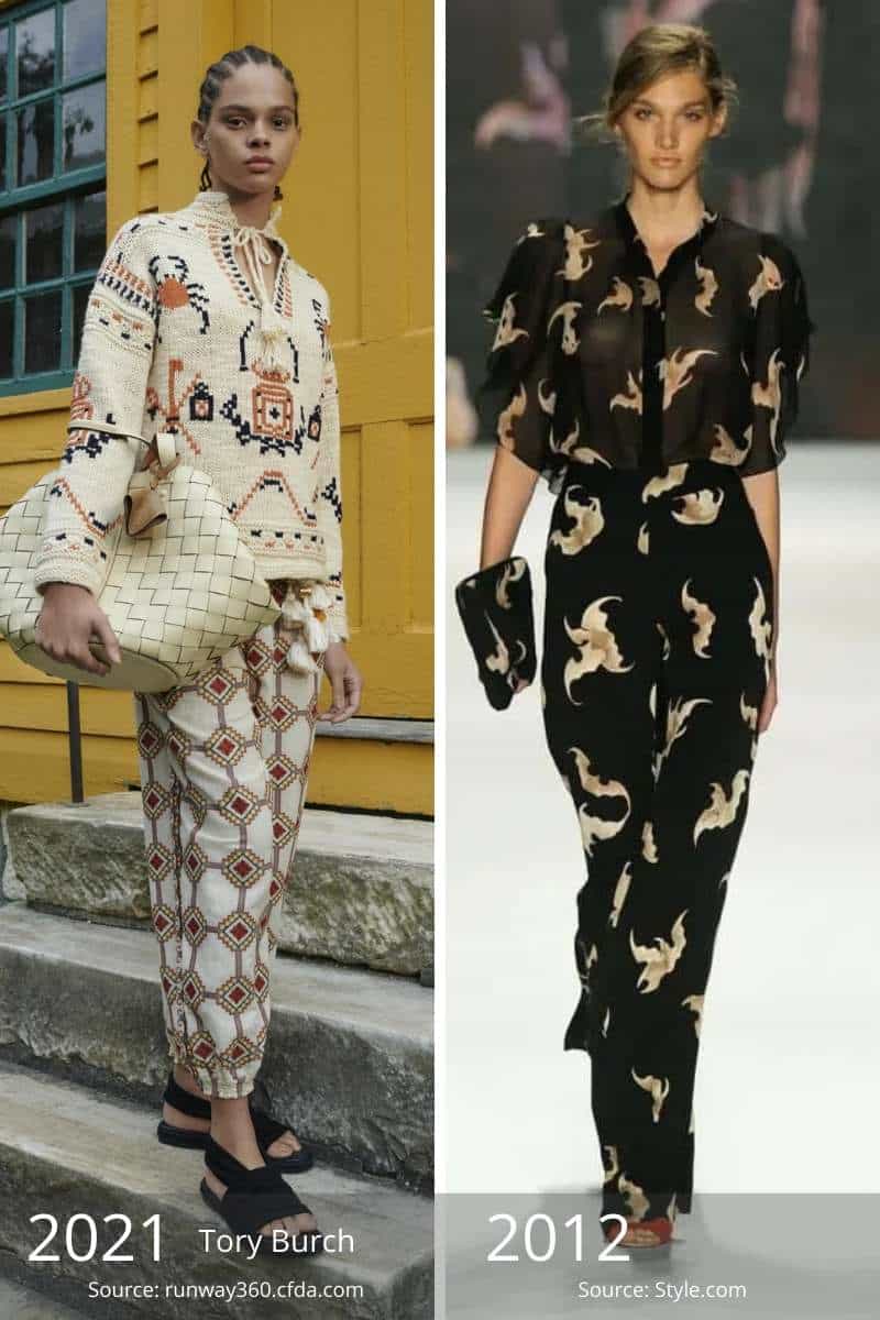 Side by side of 2021 patterned outfit and 2012 patterned outfit.
