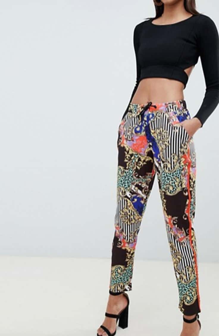 Model wearing patterned joggers