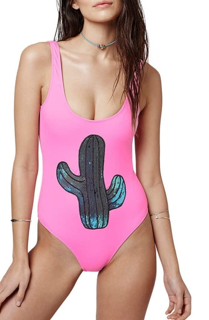 One piece swimsuit, pink with sequin detail